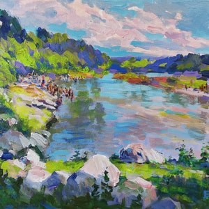Acrylic painting Bystrytsia Nadvirnyanska river, Сrowded riverside, Beach landscape, Original picture on canvas, Ukrainian decor, Textured
