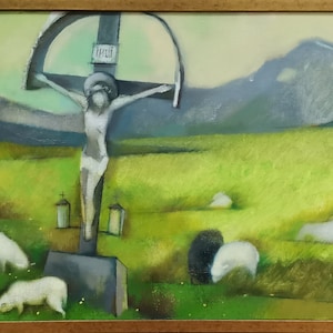Gran pintura al óleo abstracta Guardia de la estatua de los Cárpatos, Pastoreo, Prado en las montañas, Paisaje ucraniano, Original sobre lienzo, Decoración ucraniana