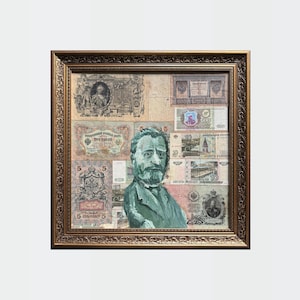 Dipinto ad olio Ritratto collage di denaro Dipinto pittore ucraino Decorazione murale per la casa Dipinto originale Decorazione ucraina Dipinto di paesaggio con cornice
