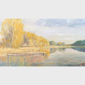 Peinture à l'huile au bord de la rivière, peintre ukrainien, décoration murale murale, peinture originale, photo de décoration ukrainienne sur carton, peinture de paysage texturée