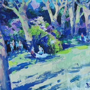 Pequena pintura a óleo: um passeio na floresta, piquenique na floresta, férias em família, acampamento na floresta, original em papelão, decoração ucraniana, texturizado