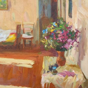 Pintura al óleo bonita mañana, bodegón Flores rojas, Pintura floral, Flores en la habitación, Imagen original sobre lienzo, Decoración ucraniana, Texturizado