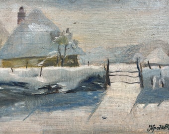 Oljemålning i vinterlandskap: Signerat samlarobjekt (15,5x23,8 cm)
