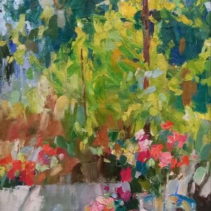 Gran pintura al óleo vertical Estado de ánimo de verano, Porche rural, Cocina floral, Paisaje de campo ucraniano, Original sobre lienzo, Decoración ucraniana
