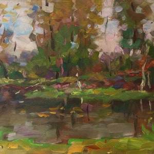 Oil painting Picnic, Along River, Ukrainian Riverside Landscape, Reflection in water, Original picture on canvas, Ukrainian decor, Textured