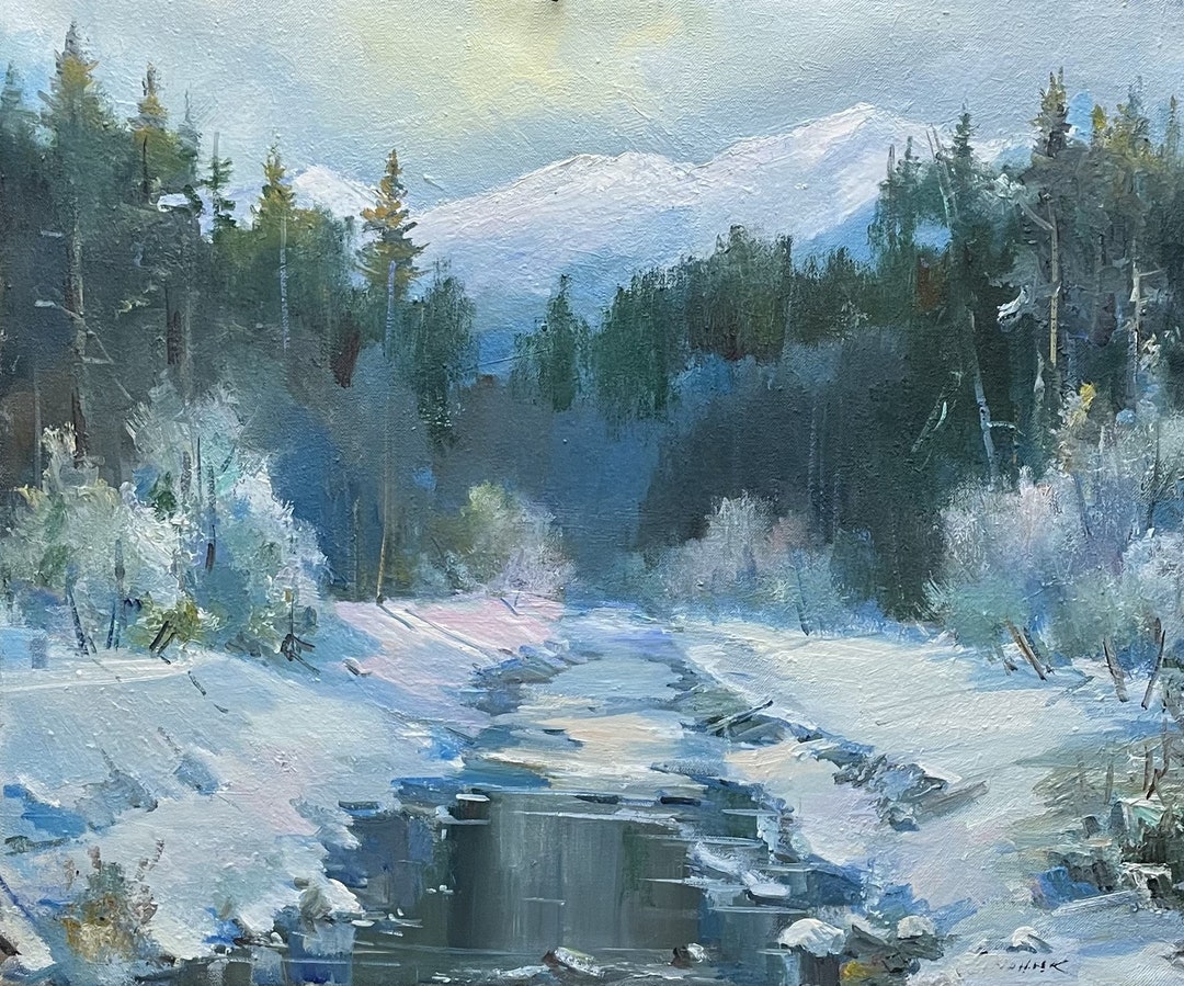 River in National Winter Forest Oil Painting, Original Artwork on ...