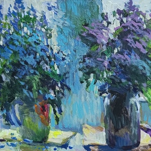 Pequeña pintura al óleo de flores en el alféizar de la ventana, bodegón floral, ramo de flores, original sobre cartón, decoración ucraniana, texturizado