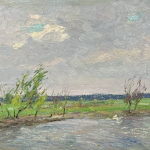 Pintura al óleo Viento sobre río, pintura de pintor ucraniano, decoración de pared para el hogar, pintura original, decoración ucraniana, pintura de paisaje de río, enmarcada
