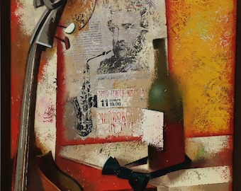 Gran pintura al óleo abstracta para violonchelo: arte musical de jazz con textura