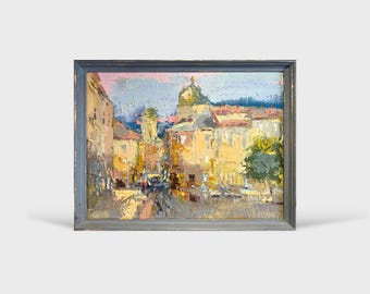Ukrainian oil painting, Lviv market square painting, Ukrainian painter, Ukrainian cityscape, Original picture on canvas, Ukrainian decor