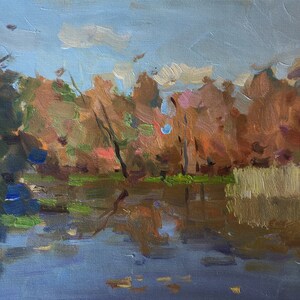 Pintura al óleo Río de otoño, Reflejo del río, Paisaje rural ucraniano, Ribera rural, Original sobre lienzo, Decoración ucraniana, Texturizado