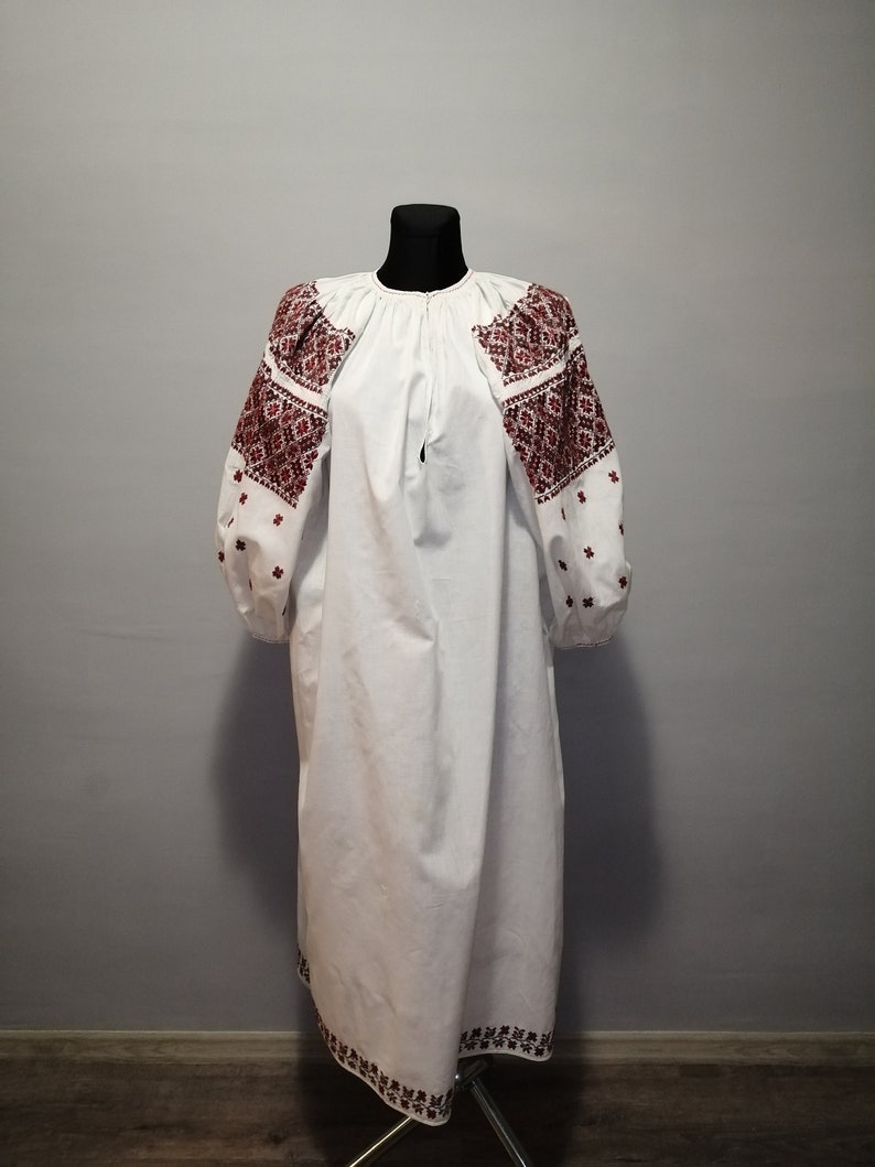 Vintage traditional Ukrainian embroidered dress Vyshyvanka Handmade embroidered shirt Embroidered folk women's shirt Homespun dress cotton image 2