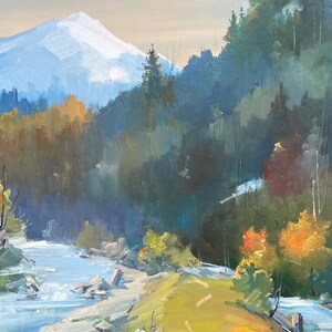 Forest oil painting, Riverside artwork on canvas, Spring river in Ukraine, Original handmade picture, Oil textured, Snow Mountains landscape