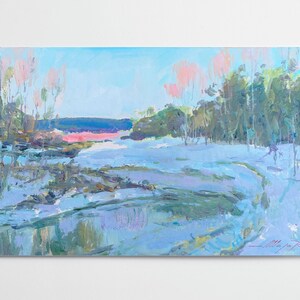 Pintura al óleo ucraniana, Hace frío, Pintor ucraniano, Paisaje ucraniano, Imagen original sobre cartón, Decoración ucraniana, Texturizada