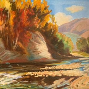 Pintura al óleo Motivo otoñal, Arroyo de montaña, Ribera de piedra, Paisaje ucraniano, Imagen original sobre lienzo, Decoración ucraniana, Texturizado
