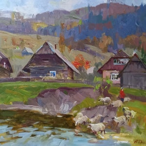 Olieverfschilderij Oekraïens platteland, Synevyr-weide, boerderijen, originele foto op canvas, Oekraïens decor, structuur, boerderijlandschap