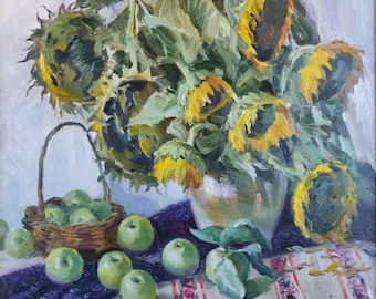 Oil painting on canvas, Still life, Sunflowers, Ukrainian painter, oldschool of art, signed artwork, original painting, art&collectibles