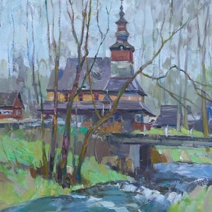 Oil painting on canvas, Church, Ukrainian painter, home decor, original painting, kitchen decor, signed artwork, wall decor