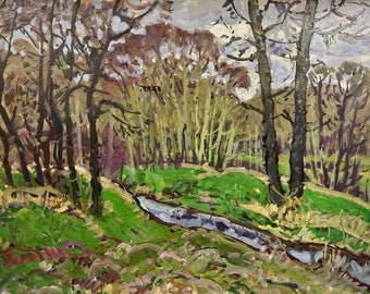 Pintura al óleo original: Paisaje de arroyo forestal de Kolosovsky