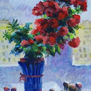 Pintura al óleo Rosas sobre ventana, Bodegón, Ramo de flores para el hogar, Bodegón floral, Imagen original sobre cartón, Decoración ucraniana, Texturizado