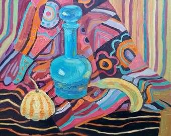 Abstract Oil painting Blue bottle and pumpkin, Abstract Still life, Abstract  Fruit, Original picture on canvas, Ukrainian decor, Textured