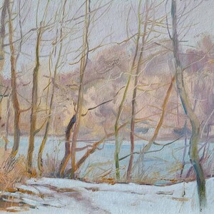 Ukrainian countryside Landscape oil painting By the river. Winter, Snowy trees, Original picture on cardboard, Ukrainian decor, Textured