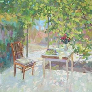 Olieverfschilderij landelijke veranda, zomerkeuken, Oekraïens platteland landschap, panorama, originele foto op canvas, Oekraïens decor, gestructureerd