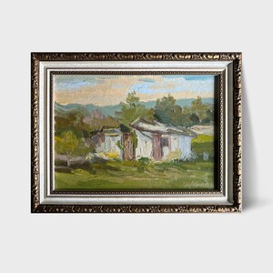Pintura a óleo ucraniana, Galpão, Pintor ucraniano, Campo ucraniano, Emoldurado, Imagem original em papelão, Decoração ucraniana, Texturizado