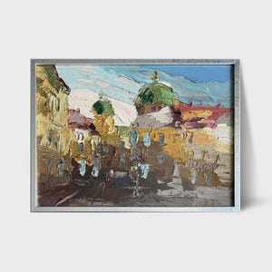Ukrainian oil painting, Market Square in Lviv, Ukrainian painter, Ukrainian cityscape, Original picture on cardboard, Ukrainian decor, Frame