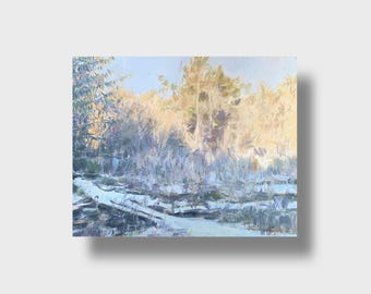 Dipinto originale ad olio su tela raffigurante un paesaggio invernale, opera d'arte moderna senza cornice, 40 x 50 cm.