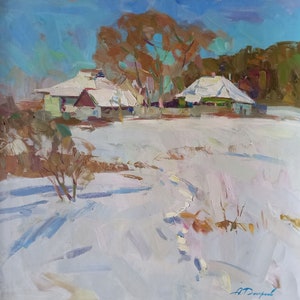 Ukrainian countryside Landscape oil painting, Trace in snow, Winter in Village , Original artwork on canvas, Ukrainian decor, Textured