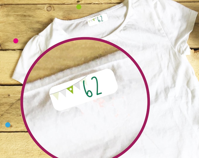 Clothing sizes, iron-on labels, pennants