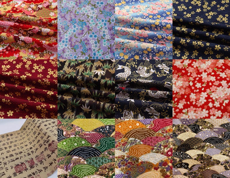 K&ouml;nnte beinhalten: Eine Collage aus verschiedenen Stoffen mit Mustern. Die Designs umfassen florale, botanische und Wellenmuster in Farben wie Rot, Gold, Blau und Gr&uuml;n. Einige Stoffe weisen japanisch inspirierte Motive und Kalligraphie auf.