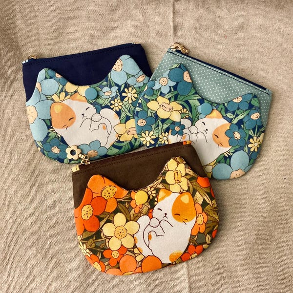 Floral Cat Coin Purse: Calico Kitty Zipper Pouch
