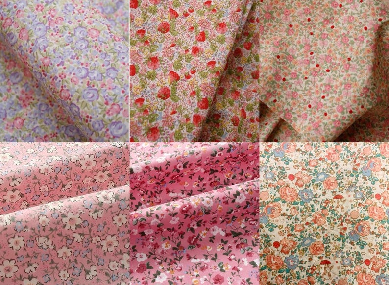 K&ouml;nnte beinhalten: Eine Collage von Stoffmustern mit Blumenmustern in verschiedenen Farben. Die Stoffe weisen kleine, sich wiederholende Blumenmuster in Rosa, Rot, Blau und Gr&uuml;n auf hellem oder wei&szlig;em Hintergrund auf. Die Stoffe sind gefaltet und geschichtet.
