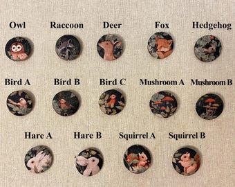 Grote bosdierenknopen: 30 mm/1,18" naaiversieringen, bosthema, knopen vos, haas, egel, wasbeer, vogel, paddestoel, hert