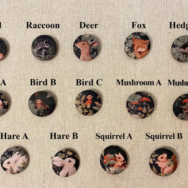 Large Forest Animal Buttons: 30mm/1.18” Sewing Embellishments, woodland theme, fox, hare, hedgehog, raccoon, bird, mushroom, deer buttons