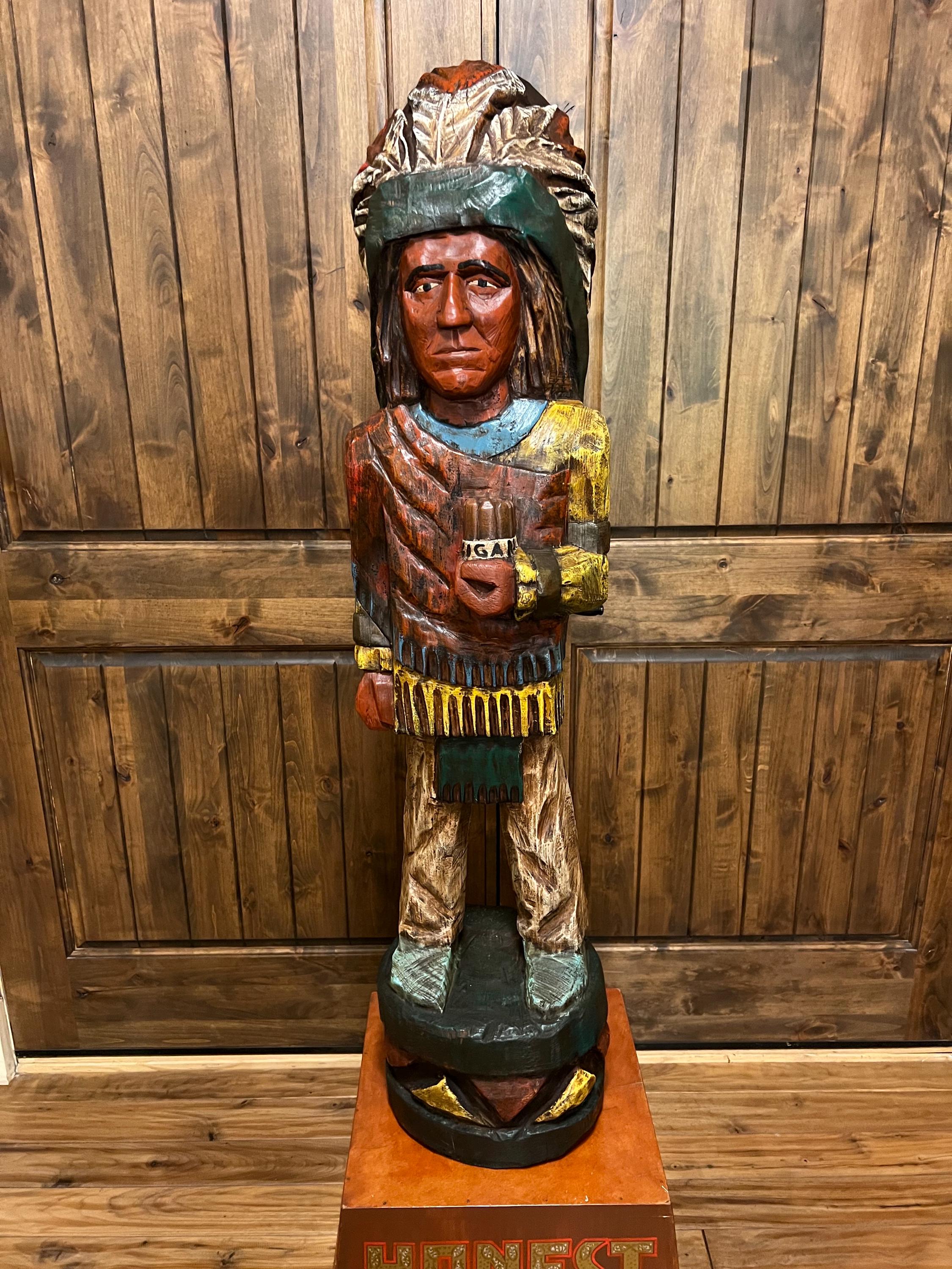 Cigar Store Indian Vintage 65” Wood Carving by Pat Brumfield