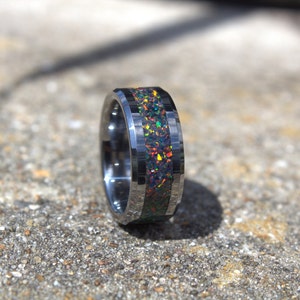 Black Rainbow Opal Ring | Tungsten Ring | October Birthstone Ring
