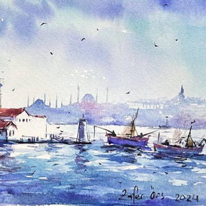 Istanbul Maiden&#39;s Tower Watercolor Painting: Original Landscape Art