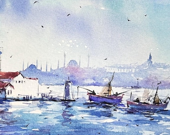 Istanbul Maiden's Tower Aquarell Malerei: Originale Kunst