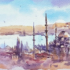 Istanbul Original Watercolor Painting, Istanbul Landscape, Suleymaniye Mosque, Turkey