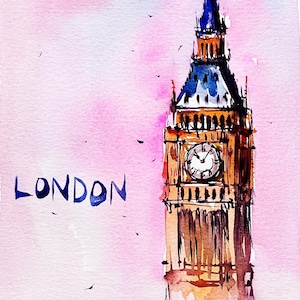 London Original Watercolor Painting, Big Ben, Palace of Westminster, Wall Artwork, UK Art