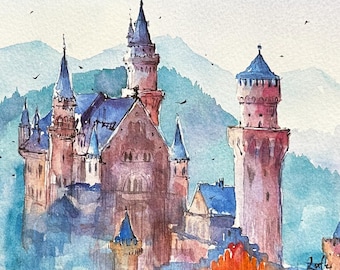 Munih Original Aquarell Malerei, Schloss Neuschwanstein, Germany