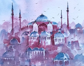 Istanbul Kunst, Original Aquarell Malerei, Hagia Sophia, Moschee,