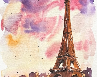Paris Original Aquarellmalerei, Pariser Kunst | Handgemaltes Eiffel Aquarell Kunstwerk | Französische Architektur