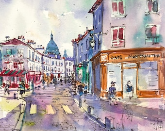 Paris Kunst, Montmartre Original Aquarell Malerei, Sacre Coeur, Stadt Skizze, Französische Stadtansicht