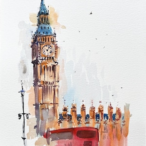 London Painting, Big Ben, Original Watercolor Painting, Palace of Westminster, UK Art