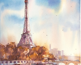 Eiffelturm Aquarell Malerei: Original Paris Wahrzeichen (28x36 cm)