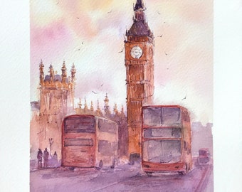 London Watercolor Painting, Original Watercolor Painting London City, Big Ben, Palace of Westminster, Home Decor, Art Work